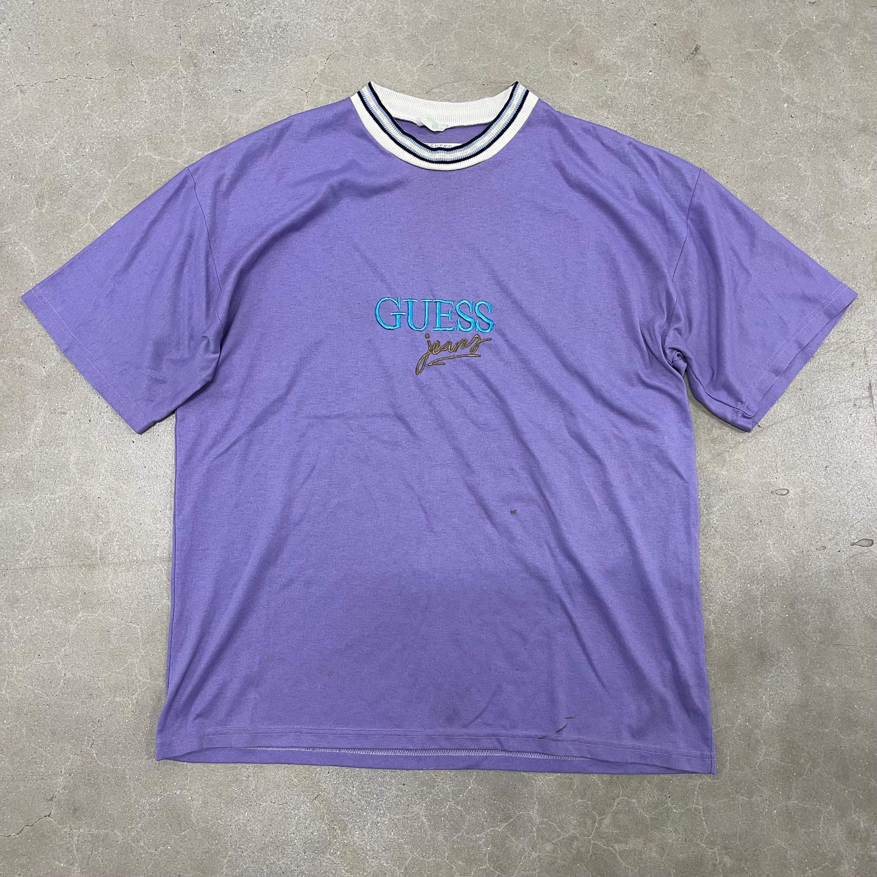 Vintage Guess Purple Embroidered Men’s Shirt Cyan Gold Logo Multi-Color 90s VTG