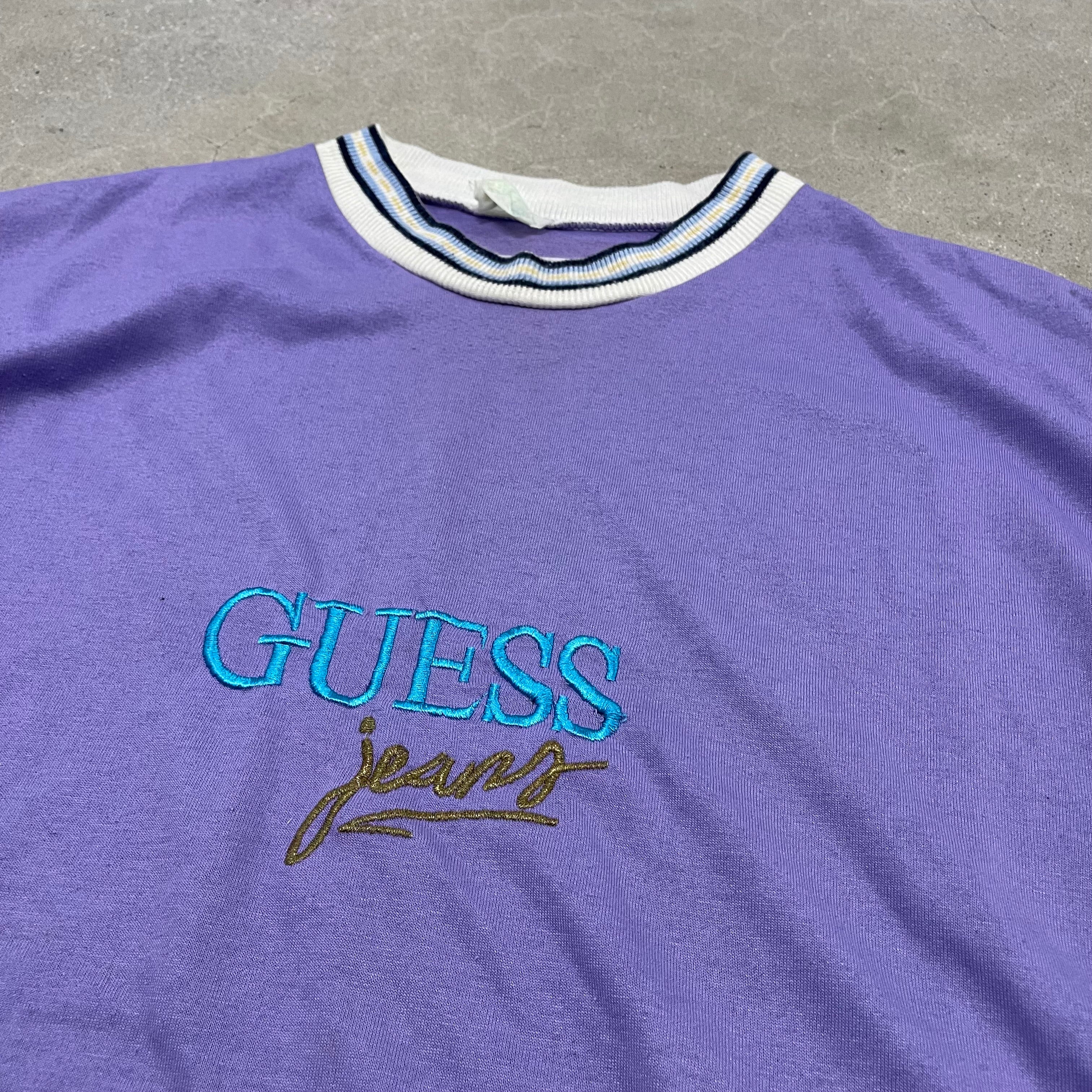 Vintage Guess Purple Embroidered Men’s Shirt Cyan Gold Logo Multi-Color 90s VTG